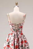 Vestido de graduación de graduación largo de cintura vasca con tirantes finos de flor rosa roja y tirantes finos