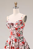 Vestido de graduación de graduación largo de cintura vasca con tirantes finos de flor rosa roja y tirantes finos