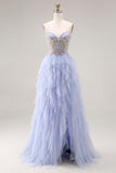 Vestido largo de graduación con tirantes finos de tul con tirantes finos aplicado a ciruela ciruela clara