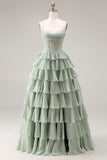 Corsé de chiffon de capas con volantes verde polvoriento y vestido largo de graduación con abertura