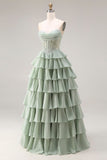 Corsé de chiffon de capas con volantes verde polvoriento y vestido largo de graduación con abertura