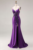 Vestido largo de graduación con tirantes finos de sirena morado con tirantes finos y abertura