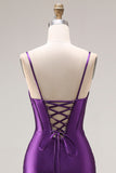 Vestido largo de graduación con tirantes finos de sirena morado con tirantes finos y abertura