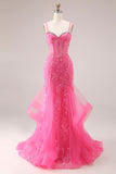 Corsé de sirena con organza fucsia y tirantes finos, vestido largo de graduación con apliques