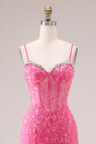 Corsé de sirena con organza fucsia y tirantes finos, vestido largo de graduación con apliques