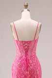 Corsé de sirena con organza fucsia y tirantes finos, vestido largo de graduación con apliques