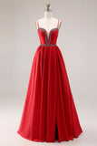 Vestido largo de graduación de fino con tirantes finos en línea A rojas con corsé y abertura