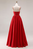 Vestido largo de graduación de fino con tirantes finos en línea A rojas con corsé y abertura