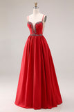 Vestido largo de graduación de fino con tirantes finos en línea A rojas con corsé y abertura