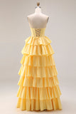 Vestido de graduación amarillo Sweetheart A-Line con cordones y cordones en la espalda con abertura