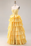 Vestido de graduación amarillo Sweetheart A-Line con cordones y cordones en la espalda con abertura