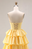 Vestido de graduación amarillo Sweetheart A-Line con cordones y cordones en la espalda con abertura