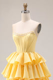 Vestido de graduación amarillo Sweetheart A-Line con cordones y cordones en la espalda con abertura