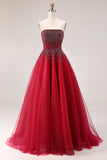 Vestido largo de tul A-Line sin tirantes rojo con abalorios