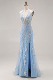 Vestido largo de graduación de fin de curso con cordié de sirena azul celeste con cuentas y abertura