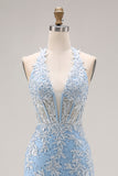 Vestido largo de graduación de fin de curso con cordié de sirena azul celeste con cuentas y abertura