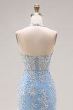 Vestido largo de graduación de fin de curso con cordié de sirena azul celeste con cuentas y abertura