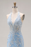 Vestido largo de graduación de fin de curso con cordié de sirena azul celeste con cuentas y abertura