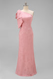 Vestido largo de dama de honor con flores de sirena rosa rubor y lazo