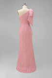 Vestido largo de dama de honor con flores de sirena rosa rubor y lazo