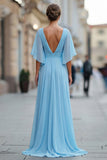 Vestido de madre de la novia de chiffon azul celeste, línea en V y escote en V con manga