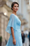 Vestido de madre de la novia de chiffon azul celeste, línea en V y escote en V con manga