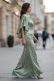 Vestido de Madre de la Novia de Satén Verde Salvia con manga media
