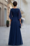 Vestido de madre de la novia de chiffon azul marino fruncido A con manga media