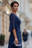Vestido de madre de la novia de chiffon azul marino fruncido A con manga media