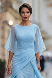 Vestido de madre de la novia de chiffon azul marino fruncido A con manga media