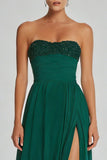 Vestido largo largo de gasa sin tirantes verde verde oscuro A Line con abertura