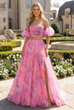 Vestido Maxi rosa Línea A con hombros descubiertos y abertura