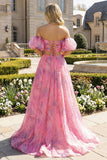 Vestido Maxi rosa Línea A con hombros descubiertos y abertura