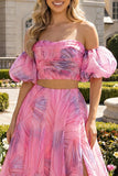 Vestido Maxi rosa Línea A con hombros descubiertos y abertura