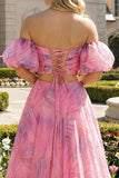 Vestido Maxi rosa Línea A con hombros descubiertos y abertura