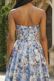 Corsé floral azul A-Line sin tirantes y vestido largo de satén