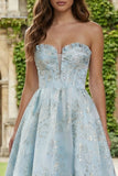 Vestido Maxi azul claro Jacquard sin tirantes de brocado de satén A-Line