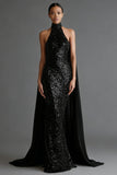 Vestido Maxi Halter de Sirena Negra Brillante con Serpentina