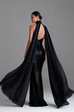 Vestido Maxi Halter de Sirena Negra Brillante con Serpentina