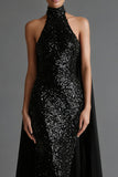 Vestido Maxi Halter de Sirena Negra Brillante con Serpentina