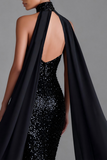Vestido Maxi Halter de Sirena Negra Brillante con Serpentina