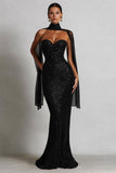 Vestido Maxi de Sirena Negra Brillante con Sacrf en el cuello