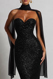 Vestido Maxi de Sirena Negra Brillante con Sacrf en el cuello
