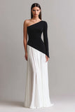Vestido Maxi de Un Hombro Blanco y Negro
