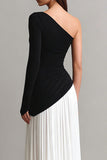 Vestido Maxi de Un Hombro Blanco y Negro