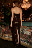 Vestido Maxi de lentejuelas con raja de café brillante y funda