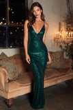 Vestido largo de tirantes largos de sirena verde oscuro y brillante