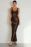 Vestido Maxi Simple de Satén de Café con Abertura