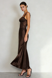 Vestido Maxi Simple de Satén de Café con Abertura