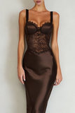 Vestido Maxi Simple de Satén de Café con Abertura